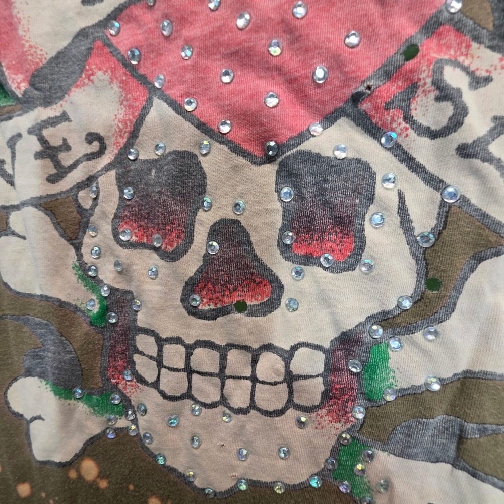 Ed Hardy Love Kills Slowly Rhinestone Bleach Splatter T-Shirt Olive Green M - Picture 6 of 13
